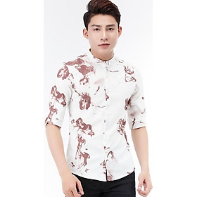Áo Sơ Mi Nam Titishop SM559 Cổ Trụ Tay Lửng In Họa Tiết Màu Trắng