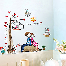 Decal dán tường hai bé tình nhân tựa lưng ay924