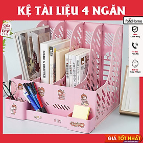(Tặng Sticker) Kệ Đựng Tài Liệu Văn Phòng 4 Ngăn Kèm Khay Đựng Bút, Kệ Đựng Sách Vở Để Bàn Gấp Gọn
