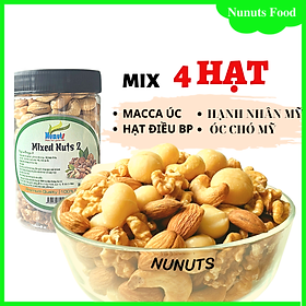 Mix hạt dinh dưỡng cho bà bầu gồm 4 loại tách vỏ ( macca Úc, hạnh nhân Mỹ, hạt điều Bình Phước, óc chó Mỹ) sấy giòn, nướng mật ong, làm sữa