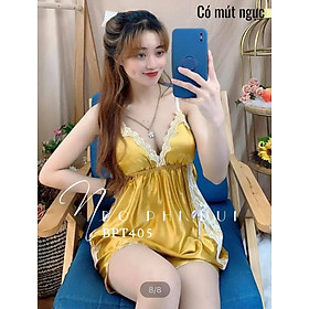 Bộ đồ ngủ 2 dây chất phi bóng mềm mịn có mút ngực viền ren hai bên mã 5