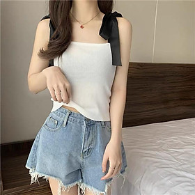 MS802 Áo hai dây len nữ phối màu dây nơ bản to dễ thương