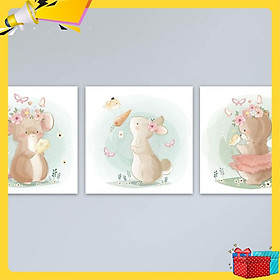 Bộ 3 tranh cho trẻ em “Chuột nhắt và thỏ con” | Tranh trang trí phòng ngủ em bé W3374