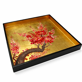 Khay sơn mài - Mã KV19 size 30x30x3cm nên dát vàng vẽ hoa đào đẹp mắt, sang trọng, quà tặng ý nghĩa
