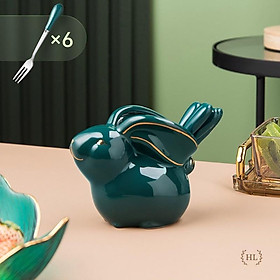 Mua Set 6 Nĩa kèm Giỏ Sứ Thỏ Bắc Âu Cao Cấp | Lẵng Sứ Cao Cấp kèm 6 nĩa inox cán sứ | Hũ sứ hình Thỏ kèm 6 nĩa cán sứ