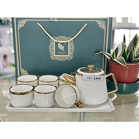 BỘ ẤM CHÉN KÈM KHAY SỨ PHA TRÀ CÀ PHÊ TRẮNG VIỀN VÀNG VÂN TĂM