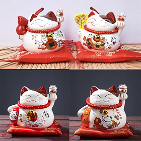 Mua Mèo Thần Tài Gốm Men 13cm Có Khe Chứa Tiền Kèm Đệm Đỏ Có Chuông