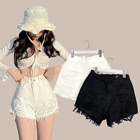 Quần short jean nữ lưng cao lai rách hai bên 667