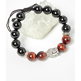 Vòng đá obsidian phối thạch anh mắt hổ nâu đỏ và charm phật hạt 10mm - Ngọc Quý Gemstones