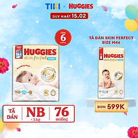 Tã/bỉm dán sơ sinh Huggies Skin Perfect NB 70+6 miếng với 2 vùng thấm giảm kích ứng da