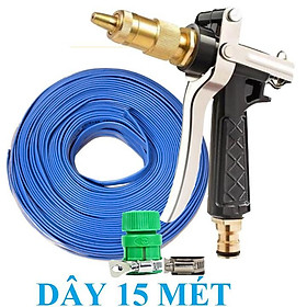Bộ dây vòi xịt nước rửa xe, tưới cây . tăng áp 3 lần, loại 15m 206318 đầu đồng, đai, nối vàng
