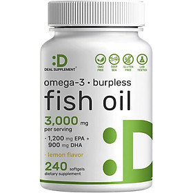 Deal Supplement Omega 3 Fish Oil 3000mg - 240 Viên Dầu Cá Hàm Lượng Cao EPA 1.200mg + DHA 900mg, Hỗ trợ não và tim