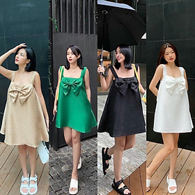 Đầm Nơ Dáng Xuông Rộng 4 Màu Form Xoè Rông Thoải Mái Có Túi 2 Bên