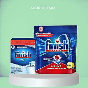 Viên rửa bát Finish 120 viên  Muối Finish 1.5kg dùng cho Máy Rửa Bát Chén - Combo 120Vmuối 1.5kg