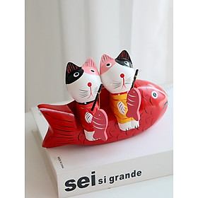 Mua Đôi mèo gỗ đỏ ngồi ghế câu cá trang trí