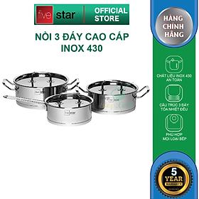 Mua Bộ nồi quánh 3 đáy inox 430 Fivestar Standard bếp từ nắp inox (1 quánh 16cm x 1 nồi 18cm x 1 nồi 20cm )   tặng 5 muỗng