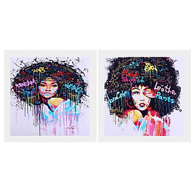 2 Panel Canvas Oil Painting Wall Art Picture - Girl with Afro-hair