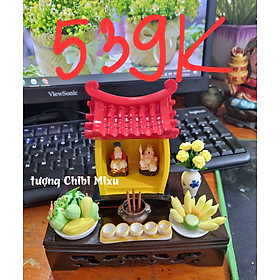Mô hình Miếu thần tài - Thổ Địa mini kèm bình hoa, dĩa trái cây, 5 chum nước, lư  (tặng kèm 10 que nhang) Đồ trang trí Quà tặng Giàu có