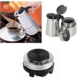 COMBO BÌNH PHA CAFE INOX 200ml moka pot express 4 tách cafe kèm bếp điện đa năng