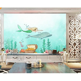 Nàng tiên cá và chú cá heo trang trí phòng em bé, tranh dán tường 3d hiện đại (tích hợp sẵn keo) MS697397