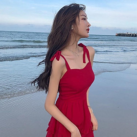 SHUANGYAN Red Sling Dress Design Sense Little French Vintage Beach Dress Đối với phụ nữ đi biển kỳ nghỉ mùa hè 2023