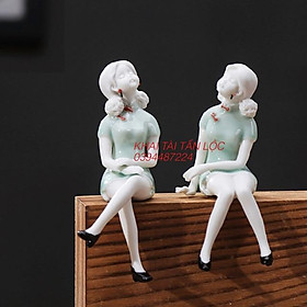 Bộ tượng 2 cô gái mặc sườn xám Hoài cổ bằng gốm sứ trang trí