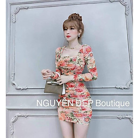 Đầm body nhún cổ vuông họa tiết hoa kèm mút