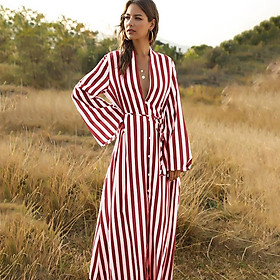 Fashion Women Spring Striped Print Dress V Neck Long Sleeve Buttons Sashes Casual Maxi Dress