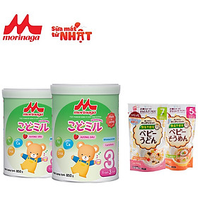 Combo 2 lon sữa Morinaga số 3 Kodomil Hương Dâu 850gr + 2 gói mì ăn dặm