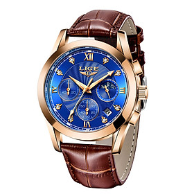 Đồng hồ nam thạch anh LIGE tinh tế có hiển thị thời gian và lịch Chronograph Con trỏ dạ quang 30M Chống thấm nước -Vàng hồng&xanh dương - Dây đeo bằng thép không gỉ-Màu Vàng hồng & xanh lam-Size Dây da