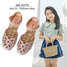 Giày sandal búp bê bé gái 3 - 12 tuổi bít mũi màu hồng đính kim sa lấp