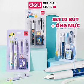 Set Bút Máy Deli Luyện Chữ Đẹp Cho Bé, Bút Máy Mực Nước Có Bút Tẩy Xoá Mực, Bộ 2 Bút + 4 Ống Mực, Dành Cho Học Sinh Tiểu Học- HÀNG CHÍNH HÃNG MINIIN