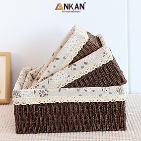 Giỏ Cói Lót Vải Hoa Nhí Đựng Đồ Mỹ Phẩm, Phụ Kiện, Đi Picnic, Giỏ Mây Decor Trang Trí Nhà Cửa Phong Cách Vintage