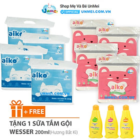 Combo Sơ Sinh Tiết Kiệm Aiko 4 Gói Khăn Khô Aiko 300g + 4 Gói Lót Xu 25 Tờ