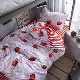 Bộ chăn ga gối cotton PL1 - Quả Dâu Nền Trắng - Tặng kèm 1 móc khóa Houston