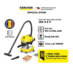 [Sản xuất Romania] Máy hút bụi đa năng khô và ướt WD 4 S Premium dành cho Karcher-Hàng Chính Hãng - Công suất 1000W - Dùng trong gia đình