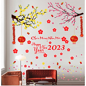 Decal dán tường, dán kính trang trí TẾT 2023- Mai đào chào xuân