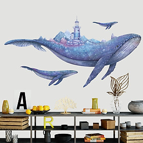 Mua Sticker Giấy Dán Tường Decal Dán tường Tranh Dán Tường Trang Trí Tường Mẫu Cá Voi Xanh có ngọn Hải Đăng ZH-1011
