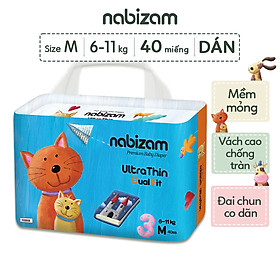 Tã/Bỉm Dán NABIZAM UltraThin Nội Địa Hàn Cao Cấp, Mỏng và Thấm Hút Tối Ưu Size M Cho Bé 6-11kg, 40 Miếng/Bịch