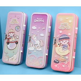 Hộp bút nhựa nắp trong suốt có Hạt Sequin óng ánh 2 ngăn Nhiều hình xinh xắn