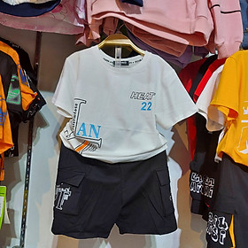 Bộ bé trai cộc tay 5-11 tuổi in chữ và phối màu kiểu Hiphop, Đồ bộ hè cho bé túi hộp thời trang hàng Quảng Châu cao cấp