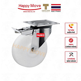 Bánh xe nylon trắng (PA) càng Inox 304 xoay có khóa kép - 80-125mm - Happy Move Thái Lan