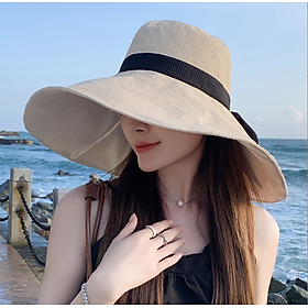 Mũ rộng vành chống nắng nữ gắn nơ bản to phong cách Hàn, nón nữ vải 2 lớp phủ chống tia UV cao cấp