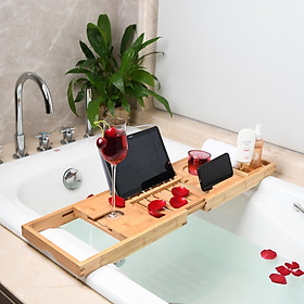 70-105cm Extendable Craft Wood Luxury Bamboo Bathtub Caddy Tray with Book and Wine Holder