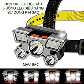 Đèn Pin LED đội đầu siêu sáng 5 pha pin sạc gắn sẵn bên trong, nhiều chế động chiếu sáng, màu bạc