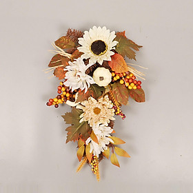 Fall Harvest Swag Wreath, Artificial Wall Swag with Pumpkin Maple Leaves, Teardrop Hanging Fall Wreath for Holiday Outdoor Indoor, Window Porch