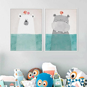 Combo 2 tranh canvas treo tường Cartoon cute Hippo - Polar bear