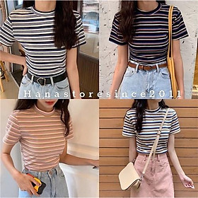 Áo thun ngắn tay/ áo phông kẻ cổ tròn dáng ôm body nhiều màu freesize dễ mix đồ