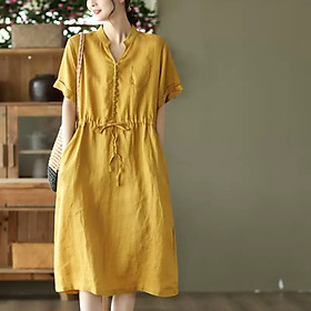 Đầm Váy midi linen sơ mi nữ cổ V, ngắn tay thời trang hè , phù hợp mặc đi chơi, đi làm ARCTIC HUNTER AH171