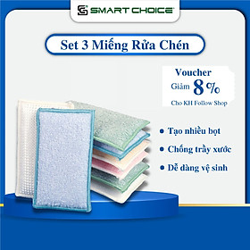 SET 3 Miếng Rửa Bát Chống Trầy Xước SMARTCHOICE - Miếng rửa chén sợi tre 3D Cao Cấp Siêu Sạch, Tạo Nhiều Bọt, An Toàn Với Da Tay, Không Bám Cặn Bẩn, Dễ Dàng Vệ Sinh